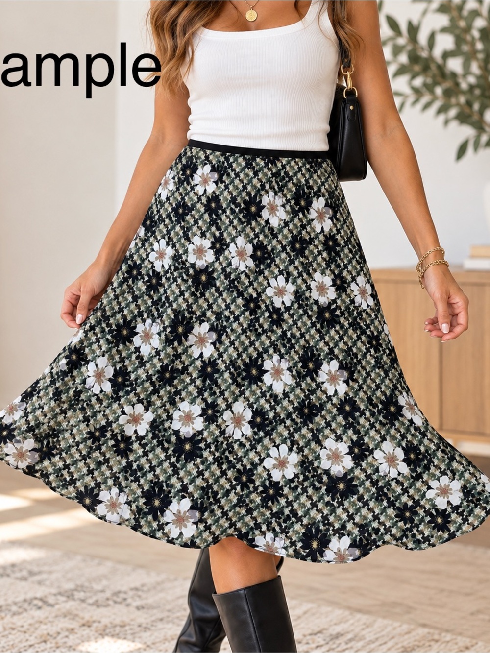 Alfani Silk Floral A-Line Midi Skirt Women’s Size 8 Green Black White